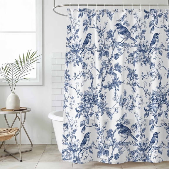 Blue Botanical Waterproof Shower Curtain, Large 72"x84" Washable Polyester Fabric Shower Curtains for Bathroom, Vintage Botanical Birds Decorative Bathtub Curtain Sets with Hooks