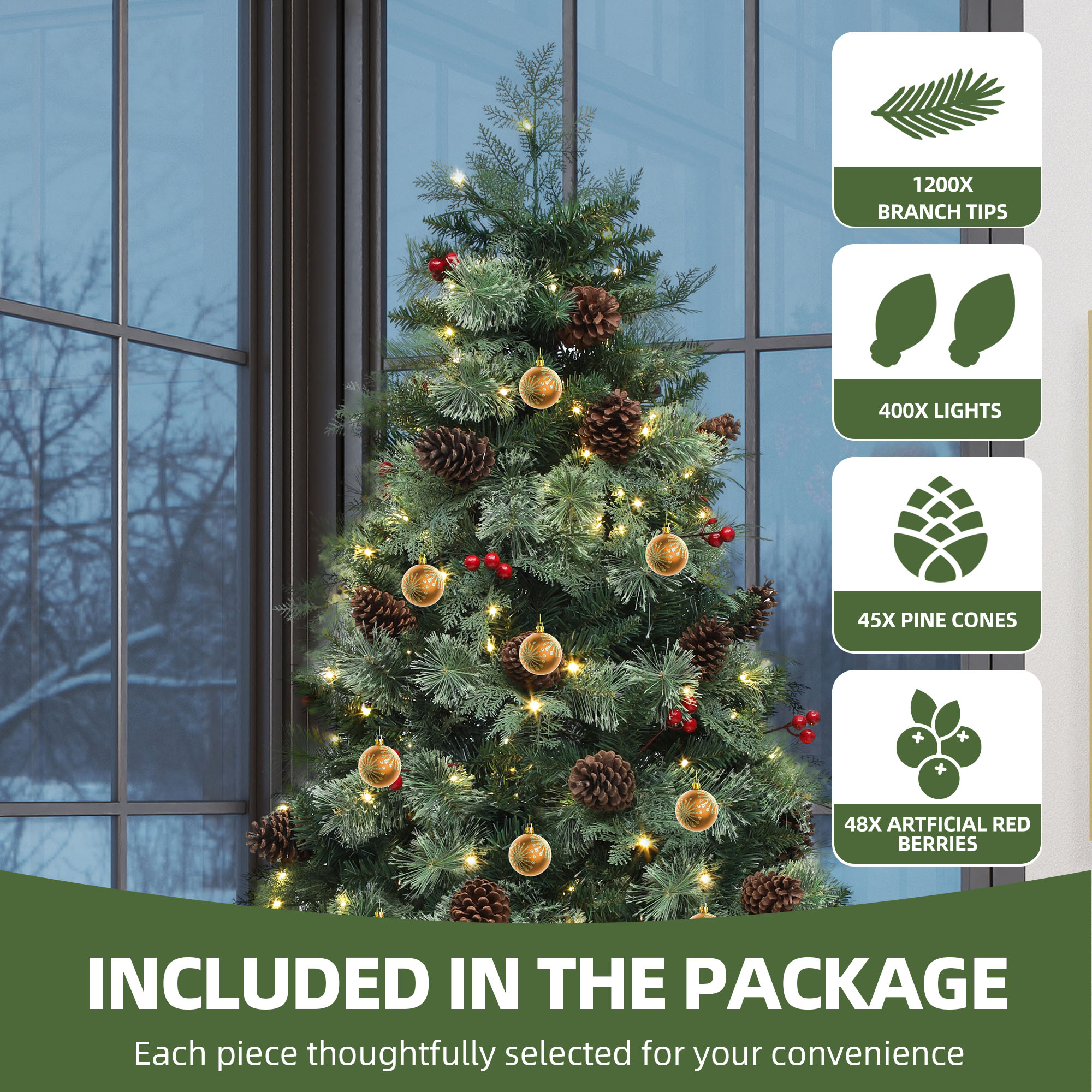 Uforic 7.5 ft Prelit Artificial Carolina Pine Christmas Tree with 1200 Tips & 400 Lights, Remote Control, Green