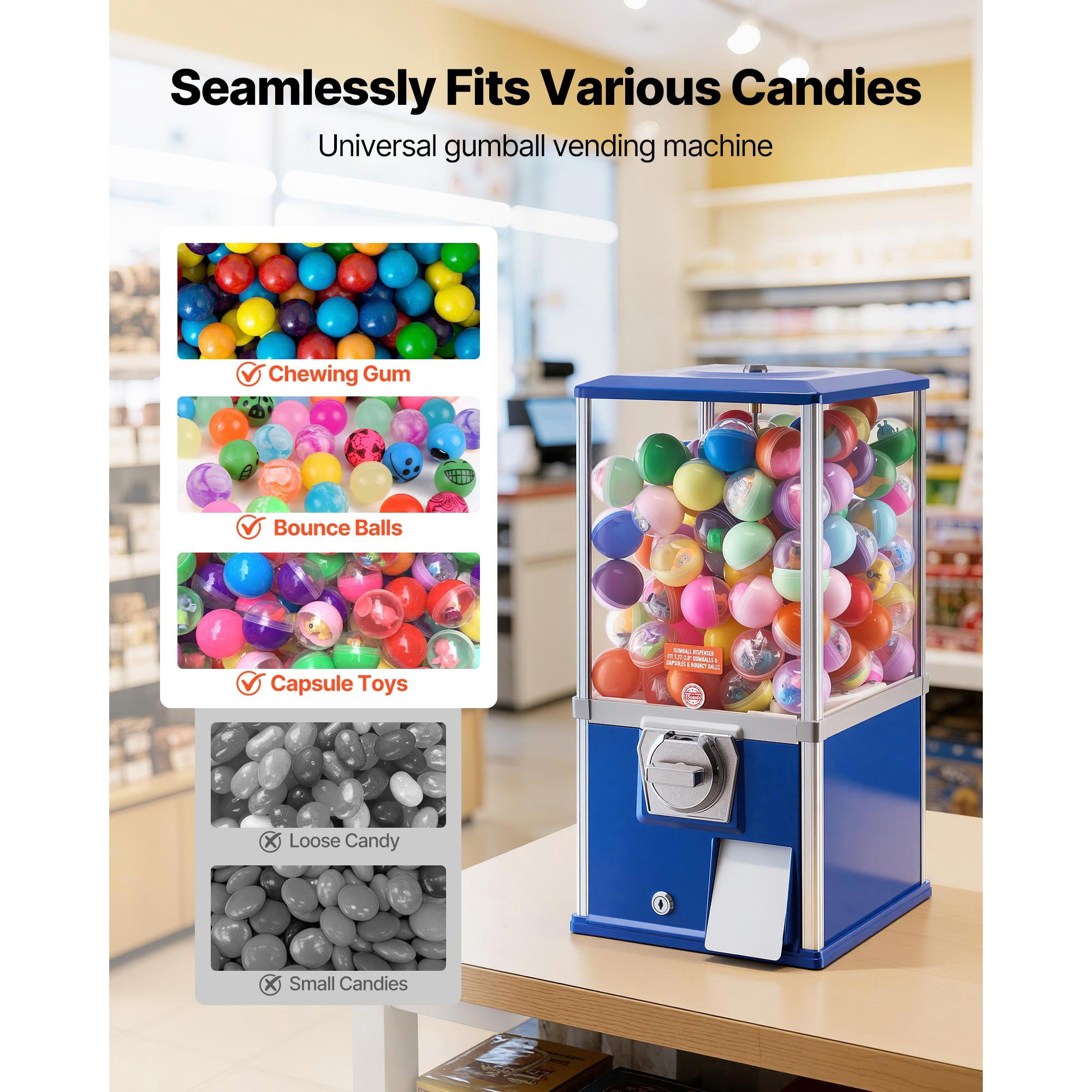 KFFKFF 21-Inch Tall Candy Vending Machine, Coin-Operated Dispenser for Shopping Centers, Supermarkets, Entertainment Venues, and Arcades, Accommodates Up to 180 1.77-Inch Round Candies