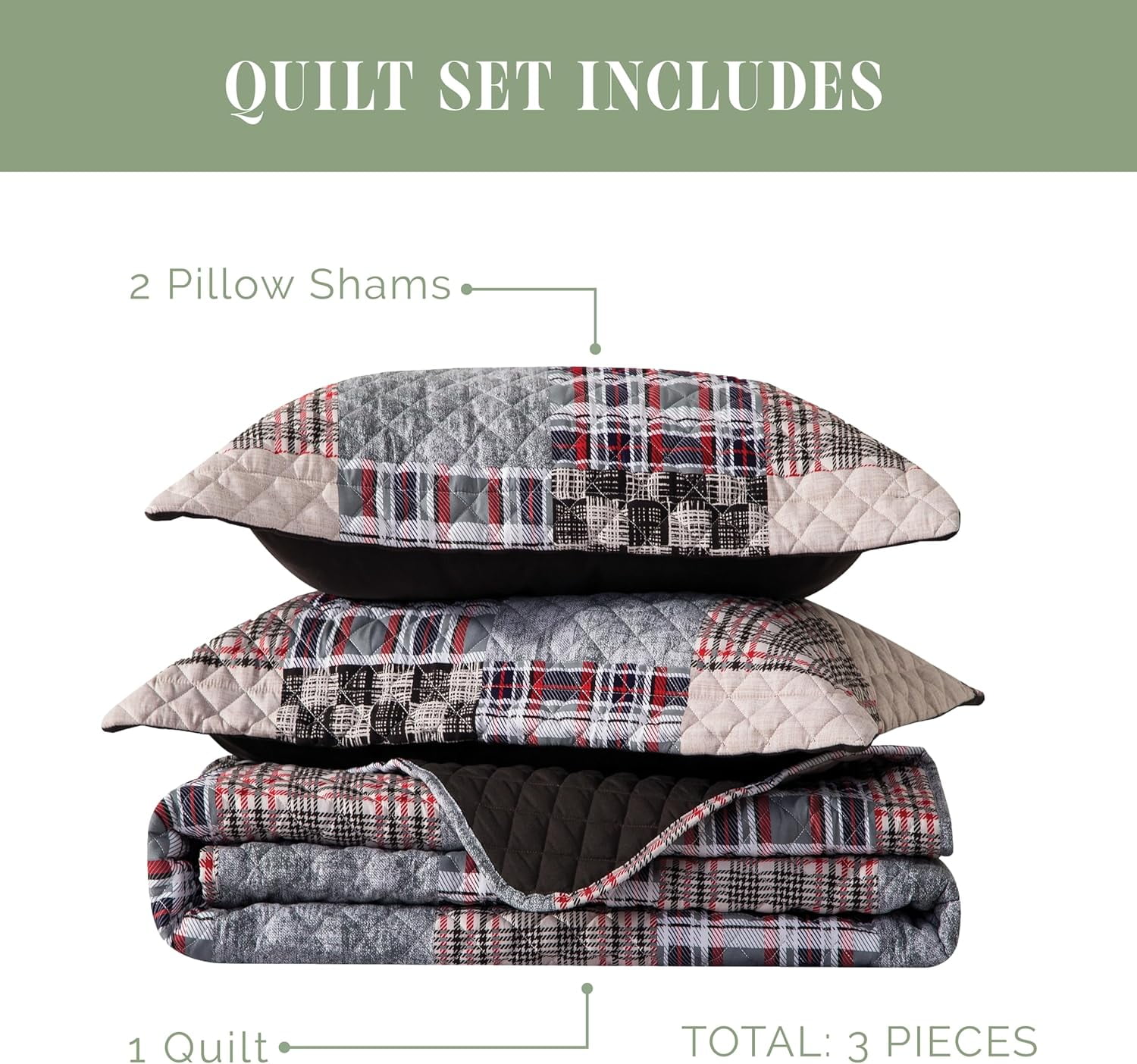 Elegant Comfort 3-Piece Plaid Patchwork Reversible Quilt Set - Soft Bedspread with Matching Pillow Shams, Heavyweight Stitching, All Season Quilted Coverlet - Twin, Brown