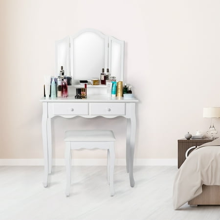 Kinbor 3 Piece Wood Vanity Dressing Table Set With Stool& 2 Drawers White