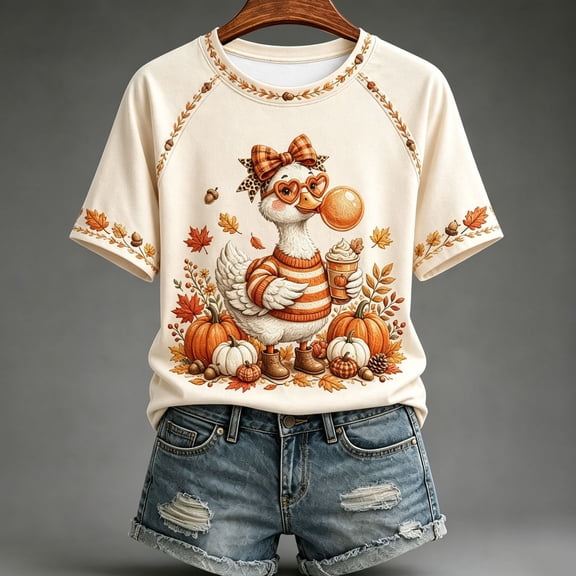 Women's Autumn Cartoon Goose Print Crew Neck Short Sleeve T-Shirt Casual Everyday Top for All Seasons
