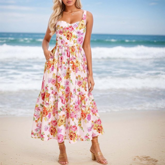 WILLBEST Vestidos Casuales para Mujer Verano Vestido Casual de Mujer Moderno para Primavera y Verano para Actividades Al Aire Libre, Picnics y Relajación con Estampado Floral y Diseño Fluido Mediana