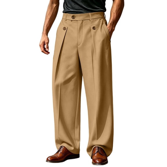 QIYAGBSA Trousers for Men High Waisted Straight Leg Dress Pants Pleated Front with Button Detail Belt Loops Business Casual Office Work Slacks
