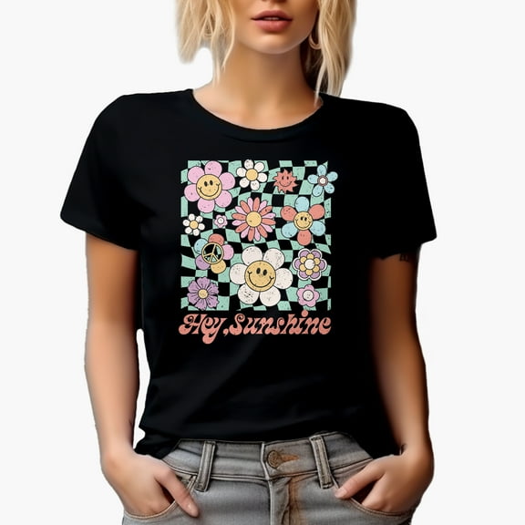 Distressed Hey, Sunshine & Retro Smiling Flowers Art Merch Gift, Black T-Shirt, Small