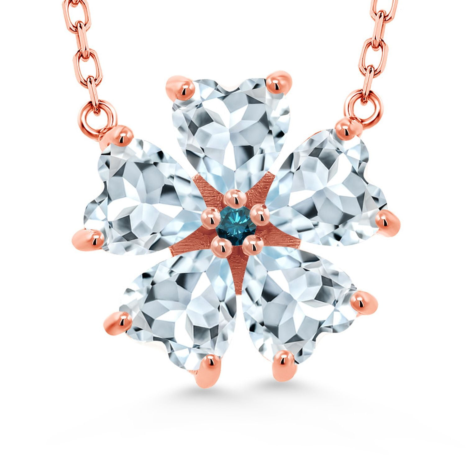 Gem Stone King 18K Rose Gold Plated Silver Sky Blue Aquamarine and Blue Diamond Pendant Necklace for Women (3.68 Cttw, Heart Shape 6MM, with 18 inch Chain)