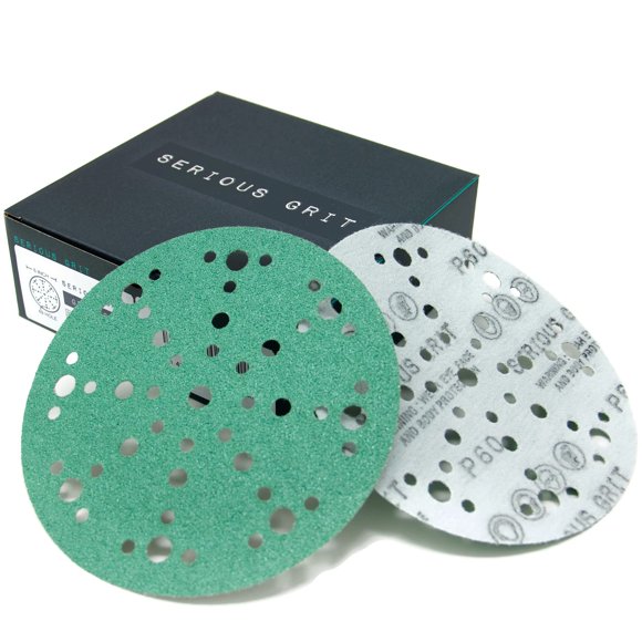 Serious grit - 6-Inch 49-Hole 60 grit Sanding Discs - Heavy-Duty Hook Loop Velcro-Backed Film Discs - Sandpaper for Random Orbital Sanders - 25 Pack Box