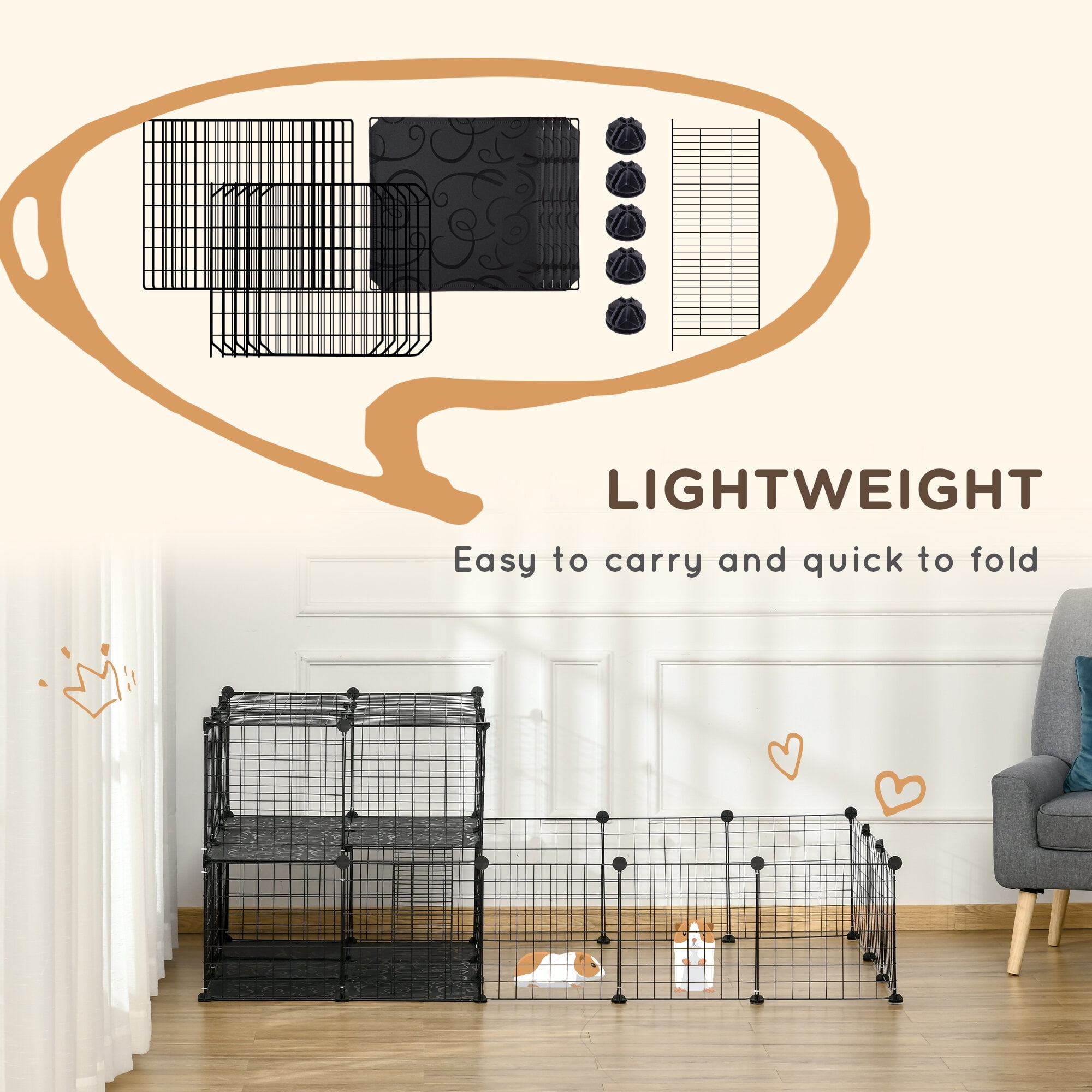 Pet Playpen PawHut 47 Panels Pet Playpen, Small Animal Playpen with Doors, Portable Metal Wire Yard Bunny Pen for Guinea Pigs, Chinchillas, 14" x 14",Guinea Pig Cage