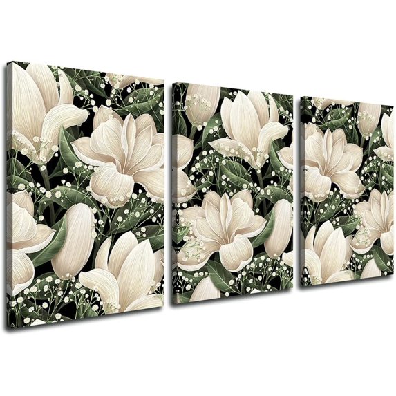 Green and White Magnolia Flowers Abstract Wall Art Decor Modern 3 Pieces Stretched and Framed Floral Pictures HD Artwork Canvas Print Wall Art for Bedroom Bathroom Home Kitchen Wall Decor 12"x16"x3