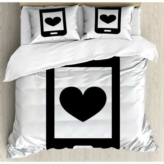 Call Mom Duvet Cover Set King Size, Smartphone Design Monochrome Technology Theme Heart Loved Ones, Decorative 3 Piece Bedding Set with 2 Pillow Shams, Charcoal Grey and White, by Ambesonne