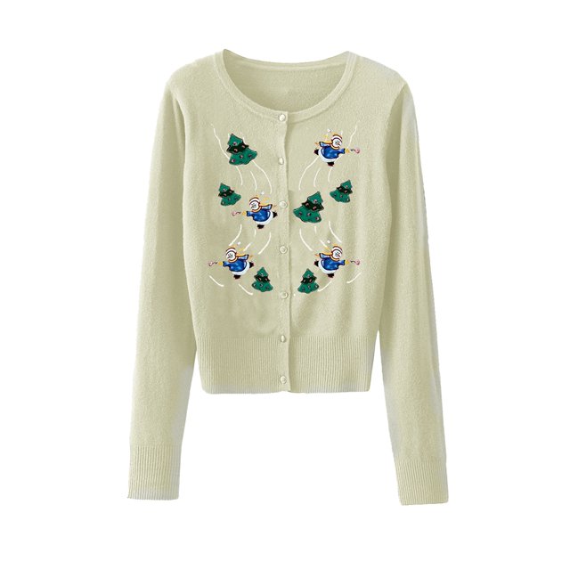 FOCUSNORM Women Christmas Knit Cardigan Long Sleeve Button Closure Embroidery Snowman Tree Casual Sweater