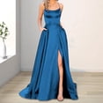 thumbnail image 3 of Quixlent Evening Dress Spaghetti Strap High Slit Off Shoulder Backless Sleeveless Side Pockets A-line Floor Length Satin Pure Color Prom Banquet Party Maxi Dress, 3 of 8