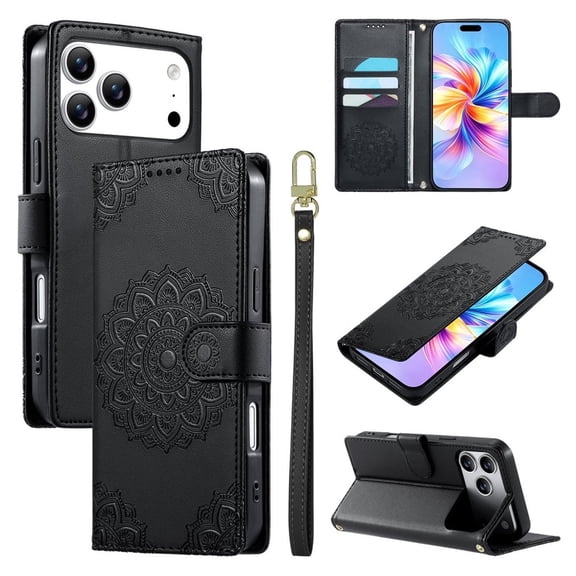Leather Case For Apple iPhone 17 Pro Max 6.9",Embossed Totem Wallet With Card Holder,Wristband, Shockproof Kickstand Magnetic Cover,Black,For iPhone 17 Pro Max