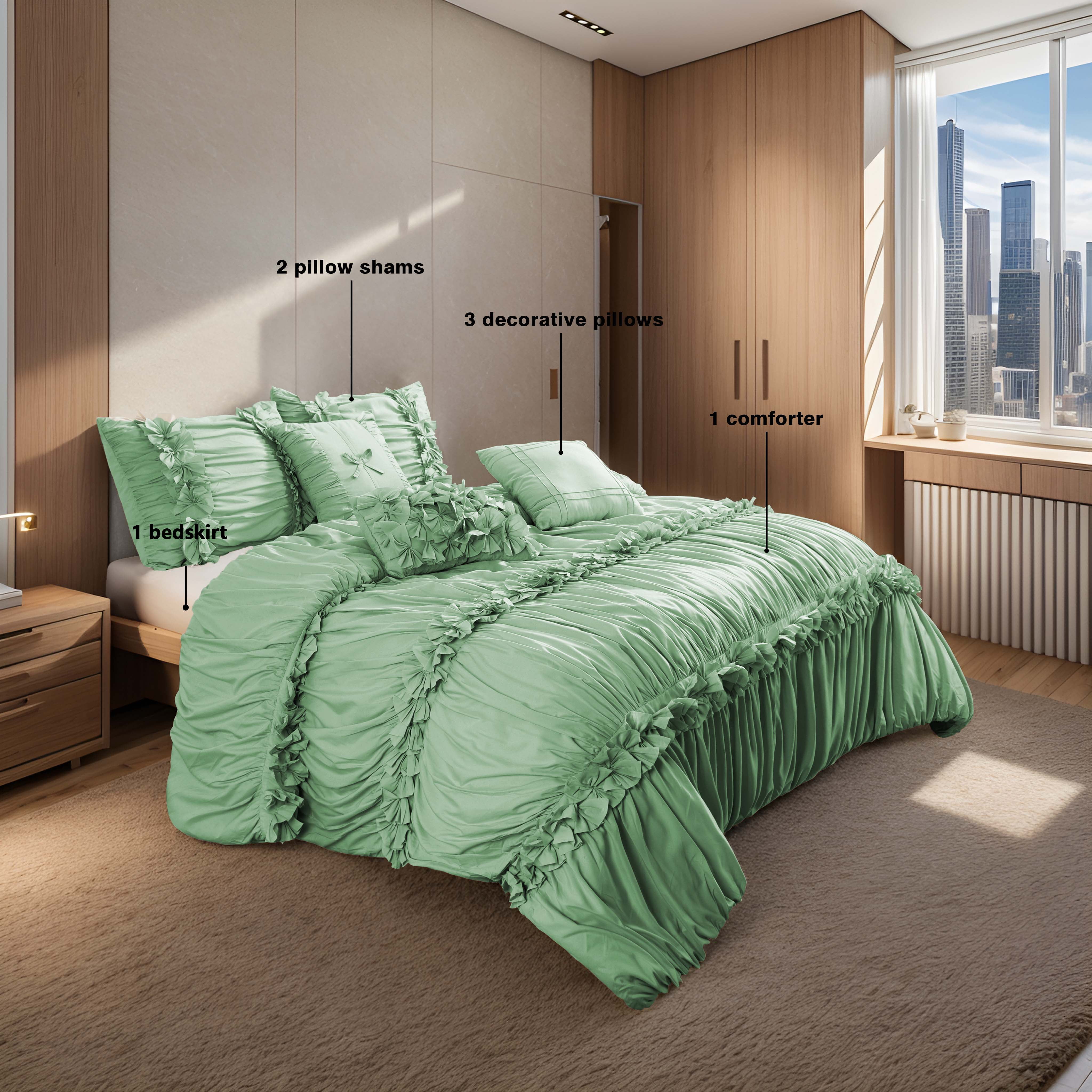 EvJk 7 Piece Ruched Pleat Comforter Set, Sage Romantic Bed in a Bag, Queen