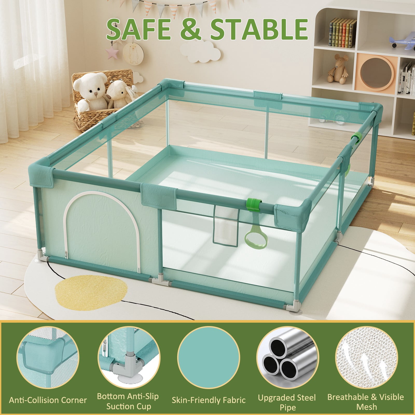 BEAUTYPEAK 71"x60" Large Baby Playpen Toddler Play Yard Fence for Boys and Girls, Pale Green