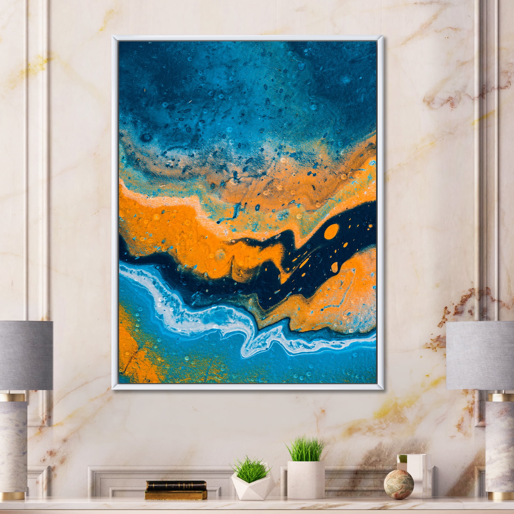 Designart 'Abstract Marble Composition In Orange and Blue IV' Modern Framed Canvas Wall Art Print