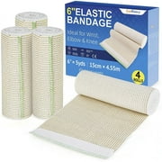 LotFancy 4Pcs Cotton Compression Bandages 6 inches x 15 feet, Hypoallergenic Compression Roll