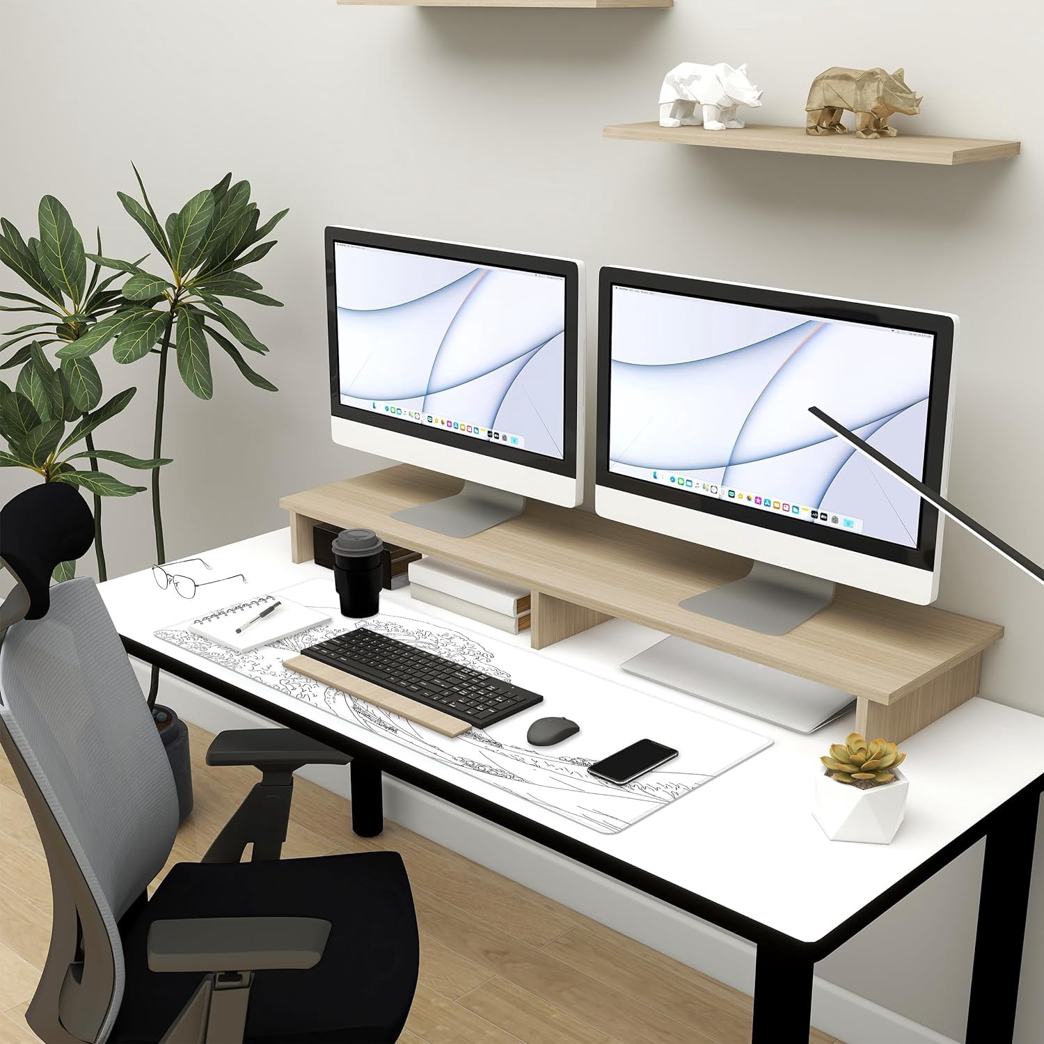 Japanese Sea Wave Large Mouse Pad, Anime White Gaming Mouse Pad XL, Extended Kanagawa Mouse Mat Desk Pad, 3mm Thick Long Non-Slip Rubber Base Mice Pad, 31.5 X 11.8 Inch,White