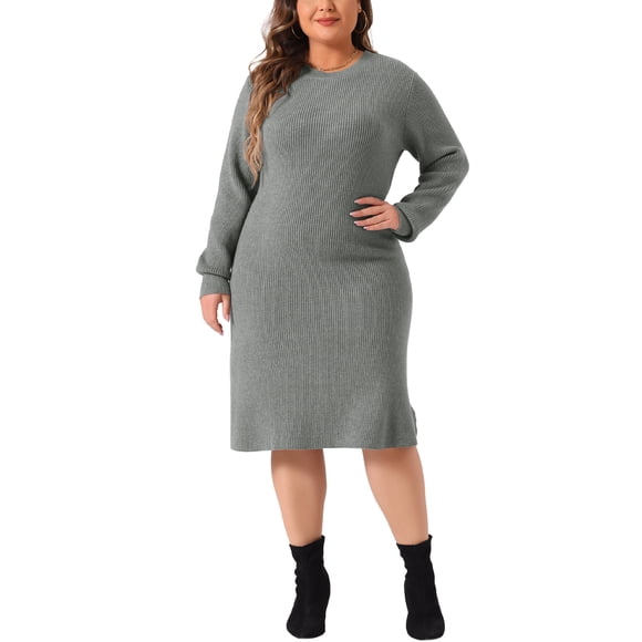 GRACE & GRANDEUR Plus Size Sweater Dress for Women Fall Crew Neck Long Sleeve Knit Pullover Sweater Dresses Gray 3X