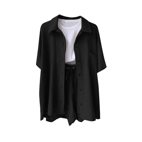 Ashyfjp Womens Two-Piece Sets Short Sleeve Textured Shirt & Elastic Waist Shorts Outfit Set Trendy Comfortable Matching Sets for Women, Size S-XXL
