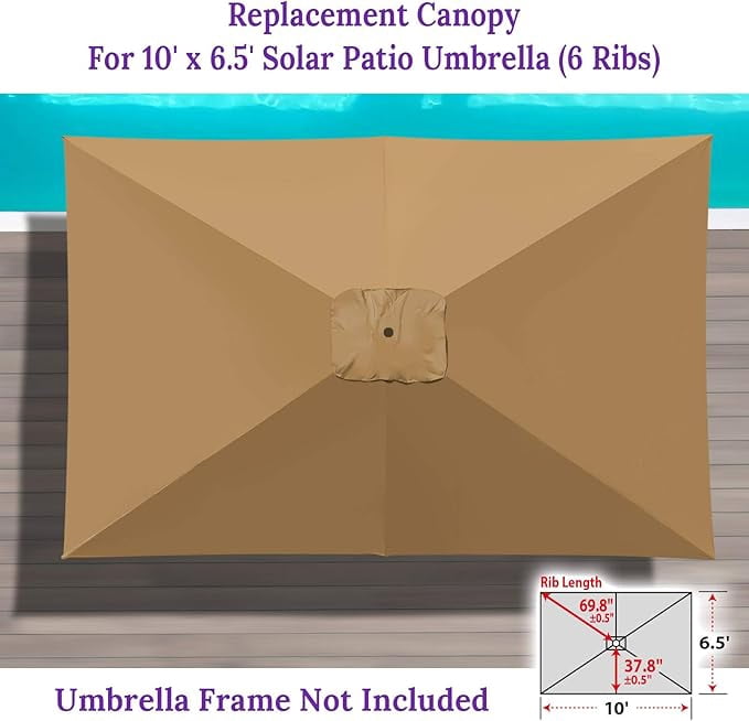 ALUVIERA 6-Rib 10'x6.5' Solar Patio Umbrella Replacement Canopy cover for Outdoor