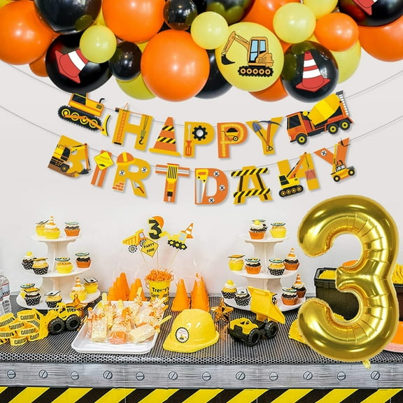 3rd Birthday Decorations for Boy, Construction Party Supplies, Digger Banner, Cake Toppers, Orange Black Yellow Latex Balloons, Excavator Truck Bulldozer Crane Balloons for Construction Theme Party
