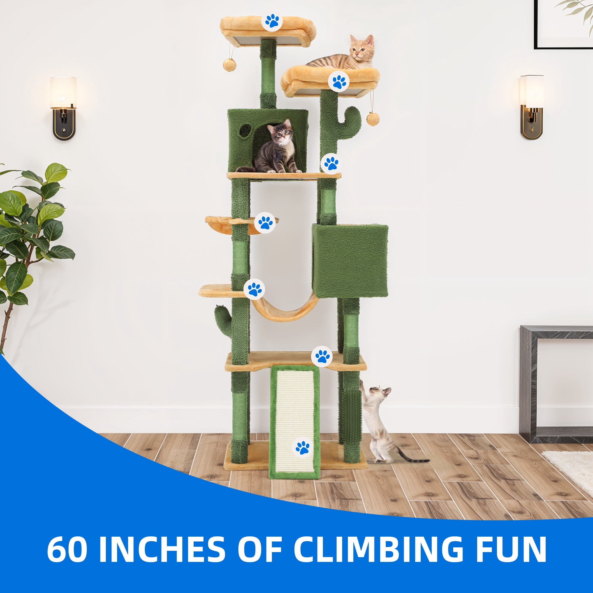 Dextrus 76" Tall Cactus Cat Tree Tower, Large Cat Condo with Self-Grooming Brush, Plush Platform, Hammock, Sisal Scratching Posts, and Toy Balls,Green