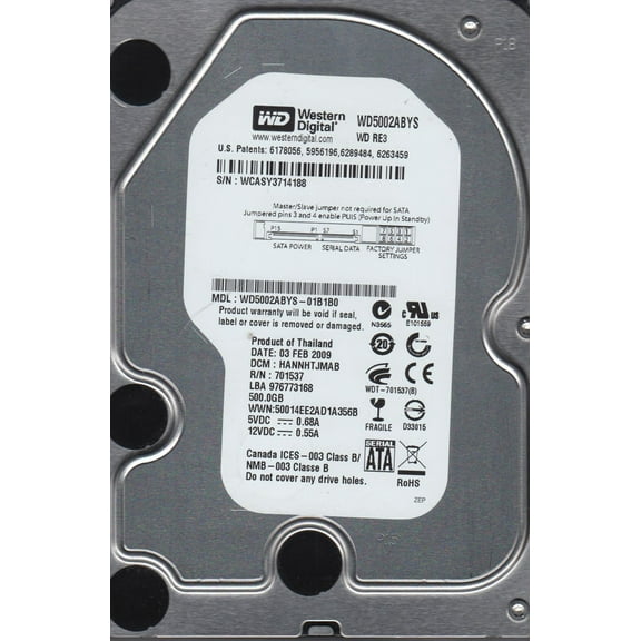 WD5002ABYS-01B1B0, DCM HANNHTJMAB, Western Digital 500GB SATA 3.5 Hard Drive