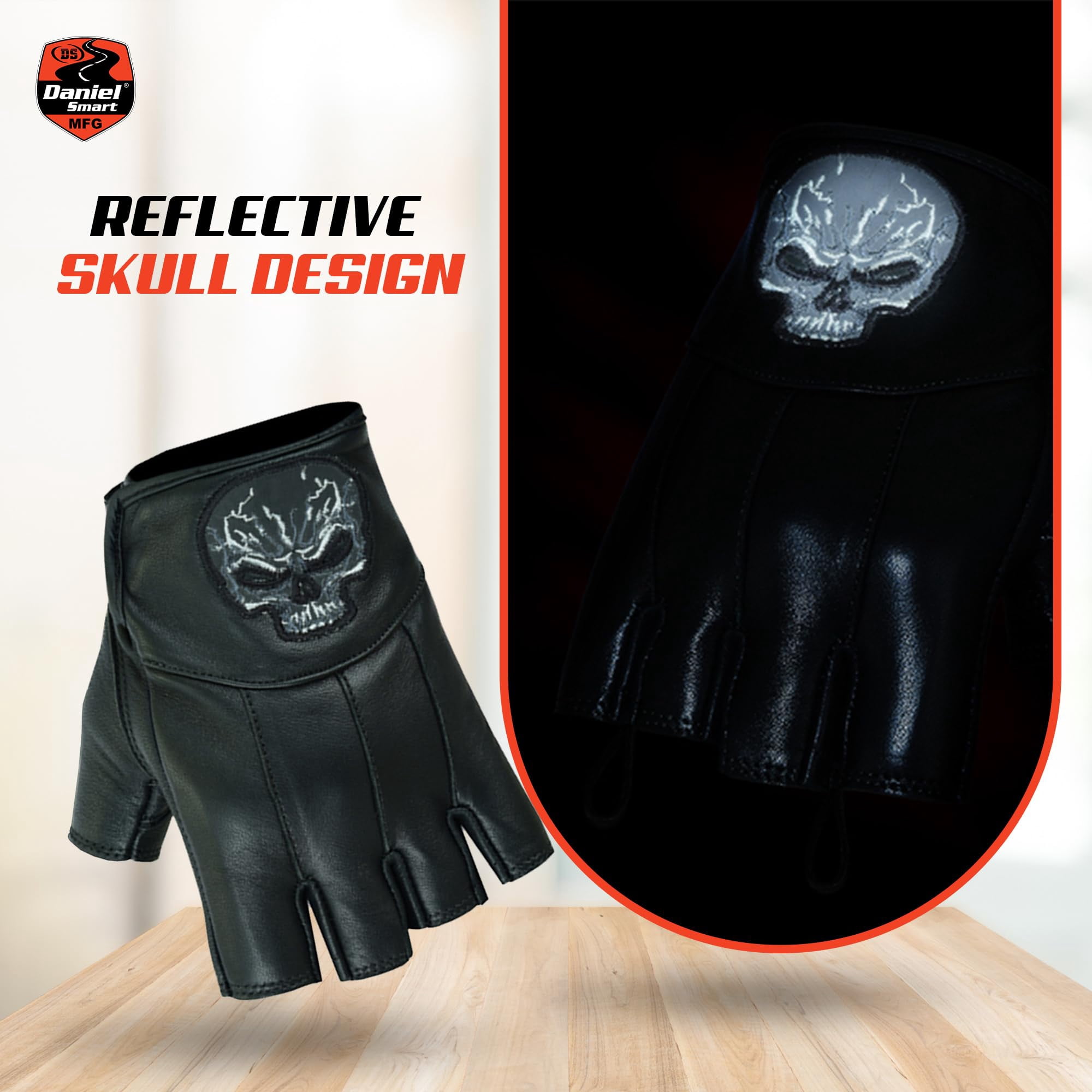 Daniel Smart Men’s Leather Gloves- Goatskin Leather- Fingerless Motorcycle Gloves with Reflective Skull Design and Gel Palm