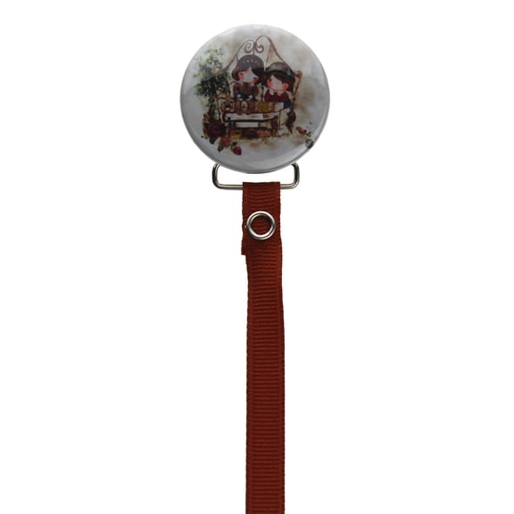 Girls on a Bench Pacifier Clip with Cognac Ribbon