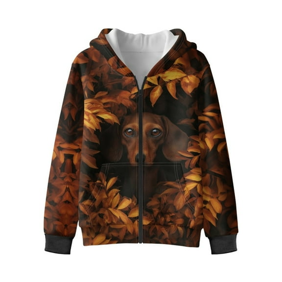 Xixirimido Dachshund Dog Fall Leaf Printed Kids Hoodies for Boys Girls Zip Up Hoodie Sweatshirt 3D Graphic Long Sleeve Pullover Top with Pocket for Fall Winter for 6-8 Years