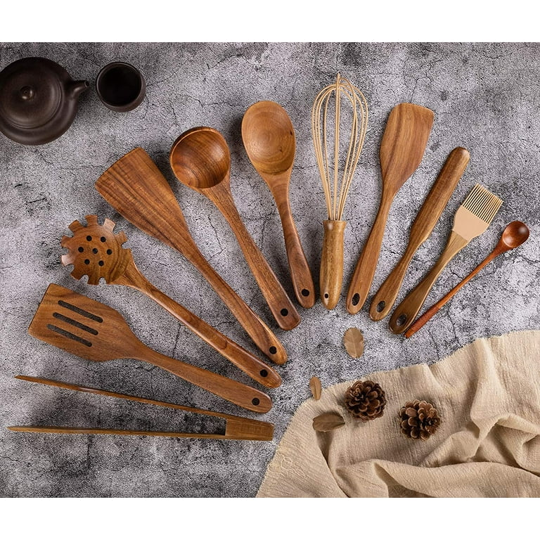 Wooden Spoons for Cooking – Wooden Utensils for Cooking Set with Holder,  Spoon Rest & Hanging Hooks, Teak Wood Nonstick Kitchen Cookware – Durable  Set