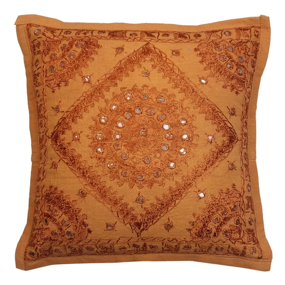 Stylo Culture Indian Settee Sofa Throw Pillow Cover 16 x 16 Hand Embroidered Khaki Brown Bohemian 40cm x 40cm Home Decor Cotton Mirrored Square Cushion Cover | 1 Pc