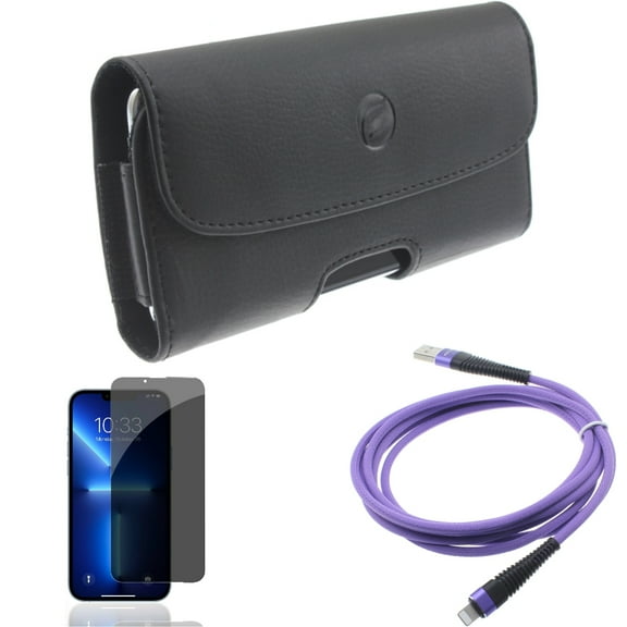 Privacy Screen Protector & Case Belt Clip & 10ft USB Cable for iPhone 13/Pro ONLY - Tempered Glass Curved Anti-Spy   Leather Holster Cover   Purple Charger Cord Power Combo