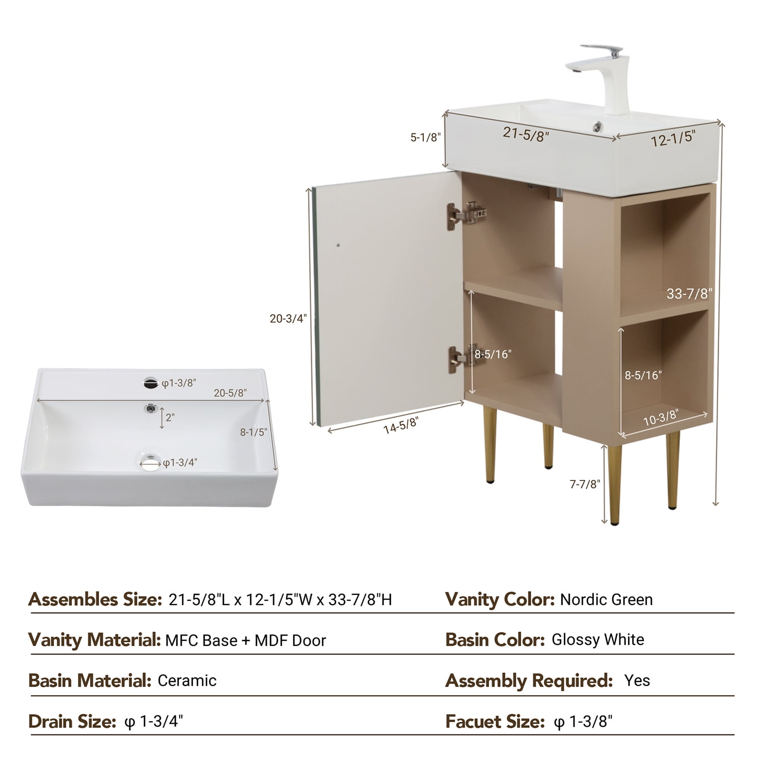Demi Bonn 21" Bathroom Vanity with Ceramic Sink and Soft-Closing Door, Cloakroom Open Shelf Storage Cabinet on the Right Side, Faucets and Drains Not Included, Green