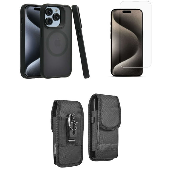 Bemz Phone Case for iPhone 15 Pro with Shockproof Protective Wireless Charging Ring Cover, Screen Protector, Vertical Rugged Nylon Belt Holster Clip Pouch (Smoke Black)