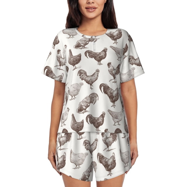 Balery Chickens Conjunto de Pijama para Mujer con Estampado, Dos Piezas de Manga Corta y Shorts, Ropa de Dormir Suave con Cuello Redondo y Bolsillos-Small