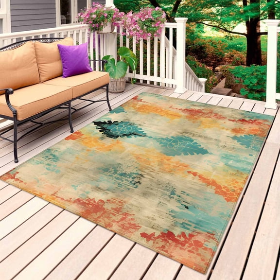 Orange Teal Red Boho Outdoor Rug for Patio/Deck/Porch, Non-Slip Large Area Rug 5 x 7 Ft, Modern Abstract Splashing Art Indoor Outdoor Rugs Washable Area Rugs, Reversible Camping Rug Carpet Runner