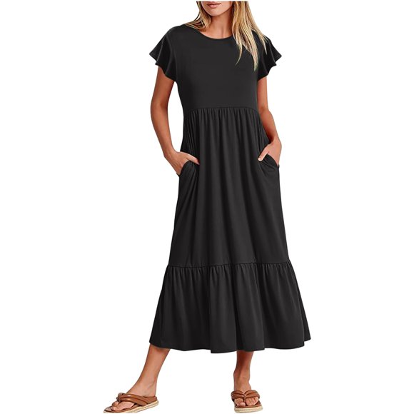 Pisexur Women's Maxi Dresses Short Sleeve Round Neck Summer Dresses Fashion Solid Flowy Casual Sundress Tiered Ruffle Dresses with Pockets