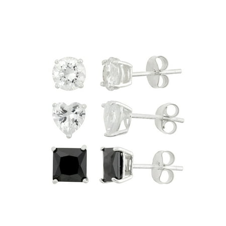 - CZ 5mm White Heart, 5mm White Round Stud and 5mm Black Square Sterling Silver Stud Earrings, Set of 3