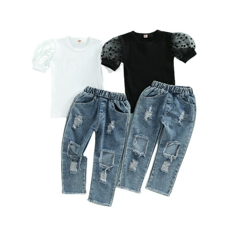 

Ma&Baby 1-6T Girls Short Sleeve White T-Shirt and Ripped Jeans 2Pc Outfit Set
