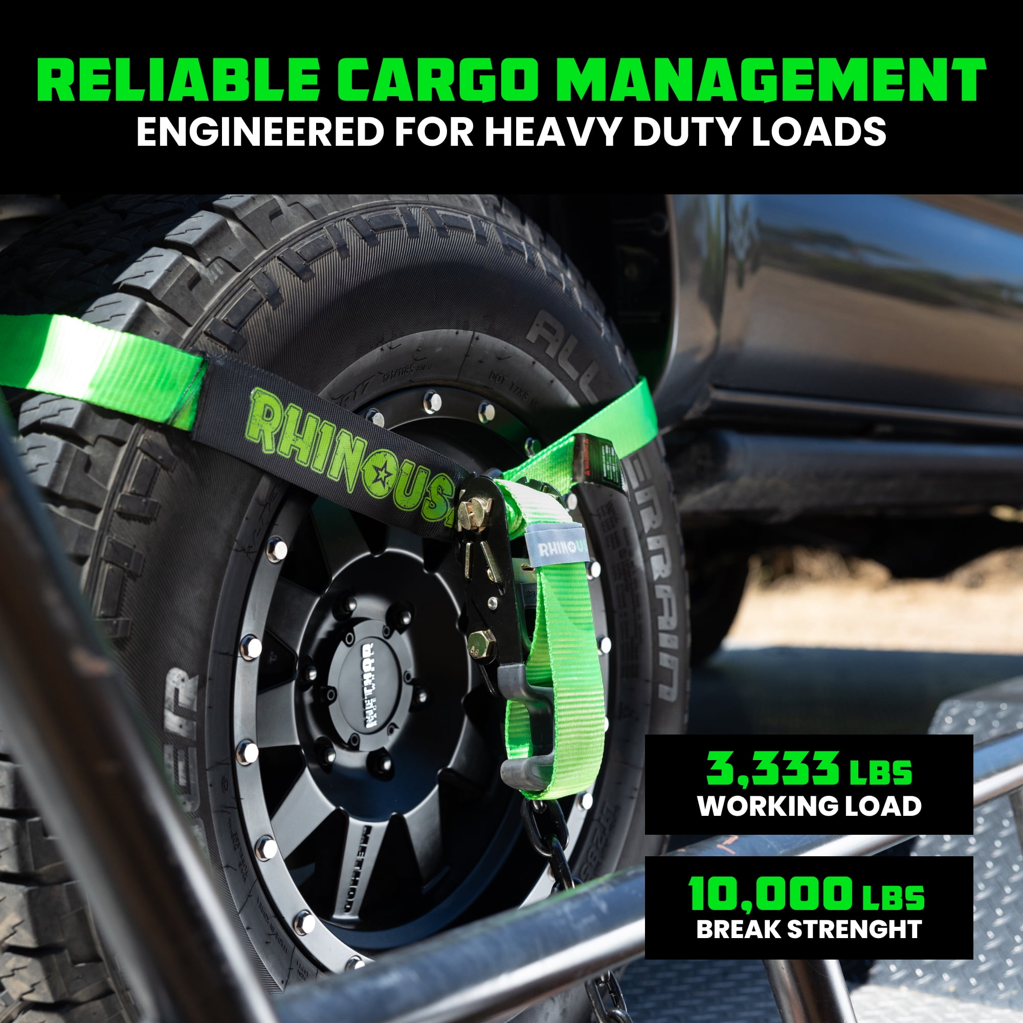 Rhino USA Heavy Duty 2" x 8' Car Tie Down Straps with J Hook - 10,000lb Break Strength (Green 4Pack)