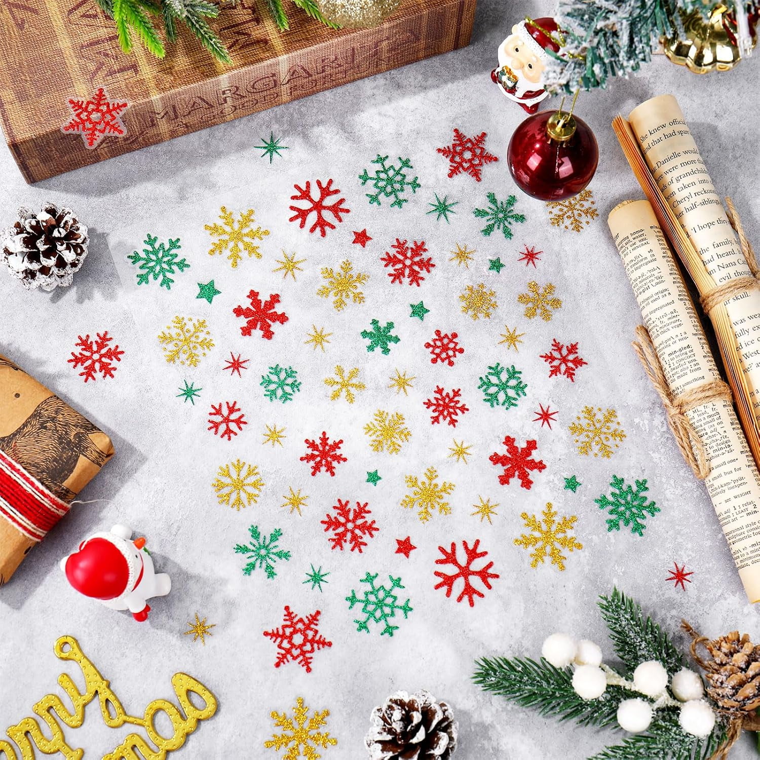 330Pcs Winter Christmas Stickers Glitter Red Green Gold Snowflake Self-Adhesive Decals for Xmas Home Party DIY Crafts Supplies, 10 Sheets