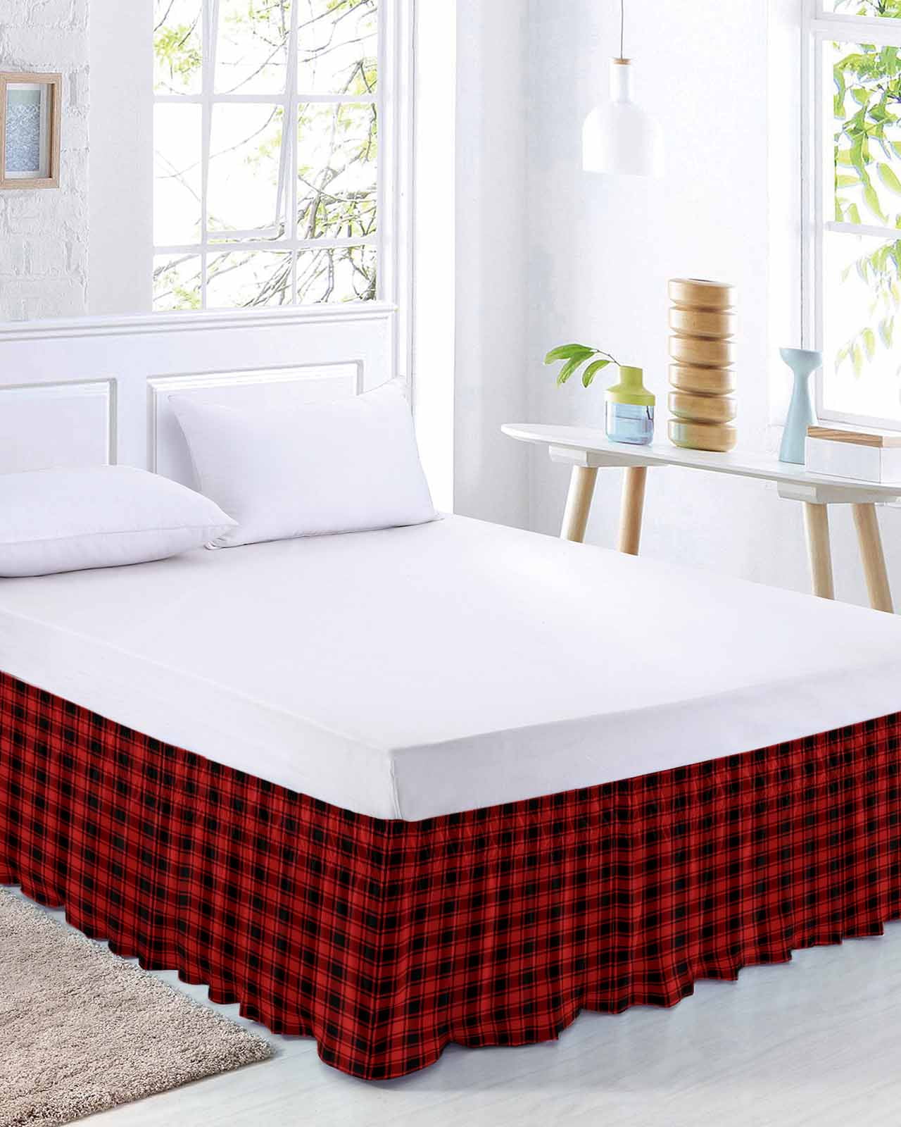 Red Black Plaid Wrap Around Bed Skirts for Queen Bed 16" Drop,Bed Skirt with Adjustable Elastic Belt Bedroom Dust Ruffle Bed Valance Hotel Vintage Farmhouse Abstract Buffalo Check Bed Frame Cover