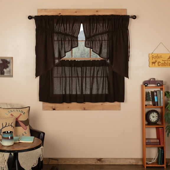 VHC Brands Burlap Chocolate 4 PC Brown Curtain Set (2 Prairie Swag 36x18 and 2 Tier 24x36)