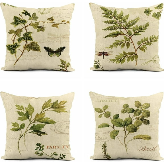 Set of 4 Linen Throw Pillow Covers 18x18 Inch Green Botanical Ferns and Dragonfly Ivies Ivy Leaf Leaves Home Decor Pillowcase Square Cushion Cover for Sofa Bed Couch