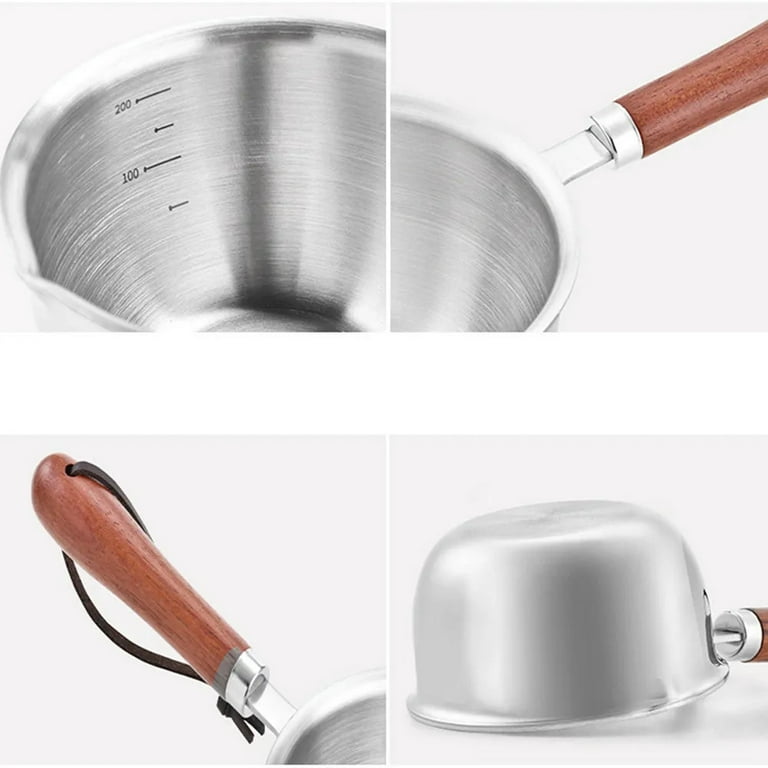 Stainless Steel Saucepan with Pour Spout and Silicone Mixing Shovel,0.3 Quart Mini Milk Pot Non Stick Small Sauce Pan Butter Warmer with Wooden Handle