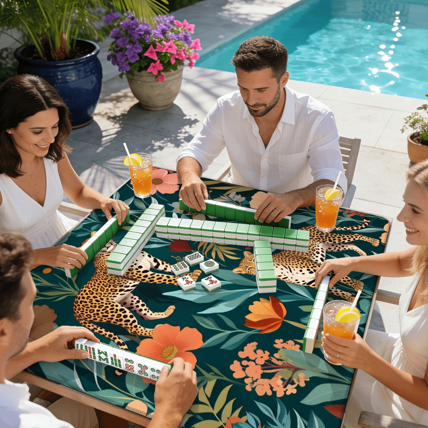 Mahjong Mat 31.5" x 31.5" Cheetah Tropical Leaves Vibrant Flowers Non-Slip Noise Reduction American Mahjong Tiles Table Cover for Dominoes Poker Card Board Games Gift