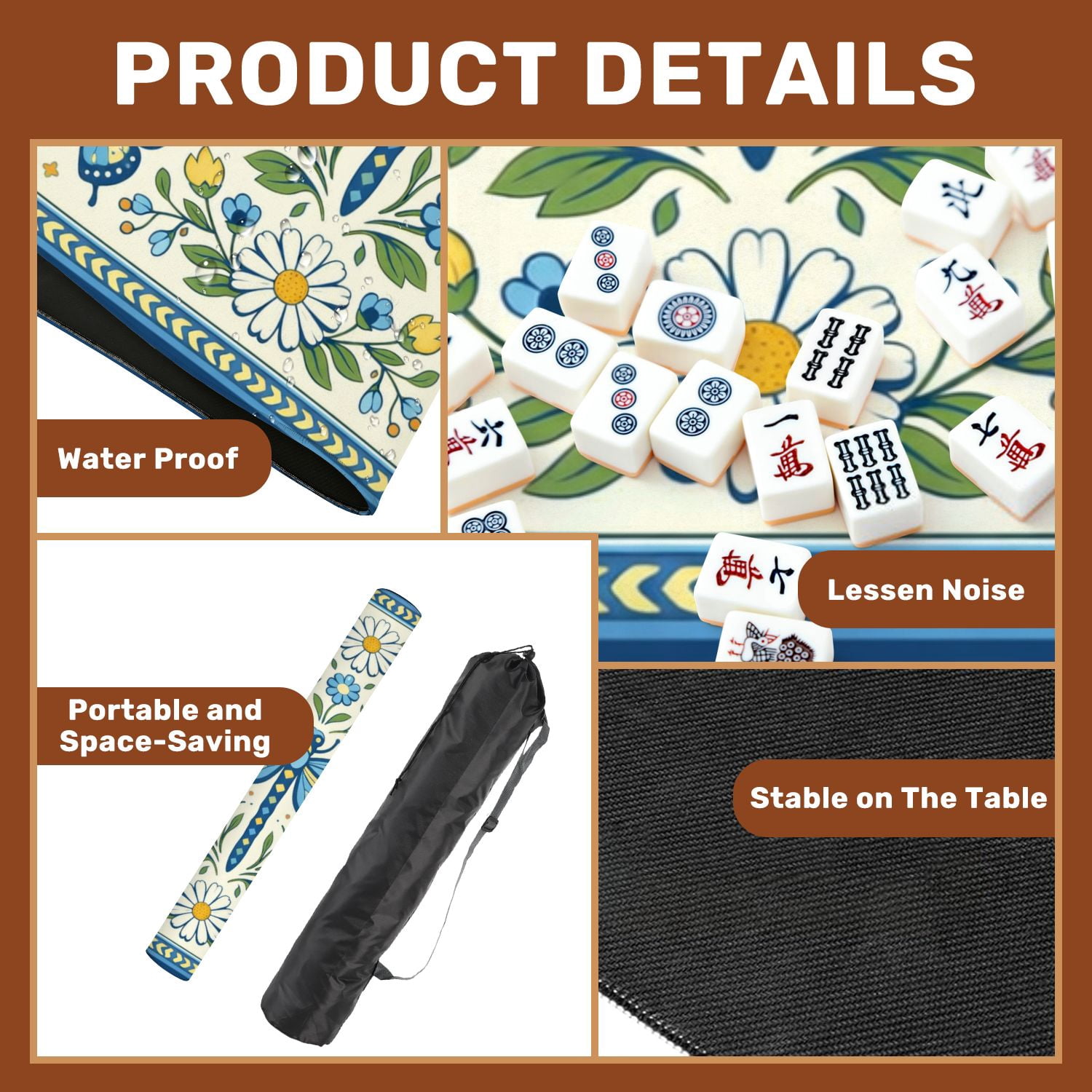 Mahjong Mat 31.5" x 31.5" Floral Butterfly Dragonflies Geometric Accents Non-Slip Noise Reduction Mahjong Tiles Table Cover for Dominoes Poker Card Board and Tile Games