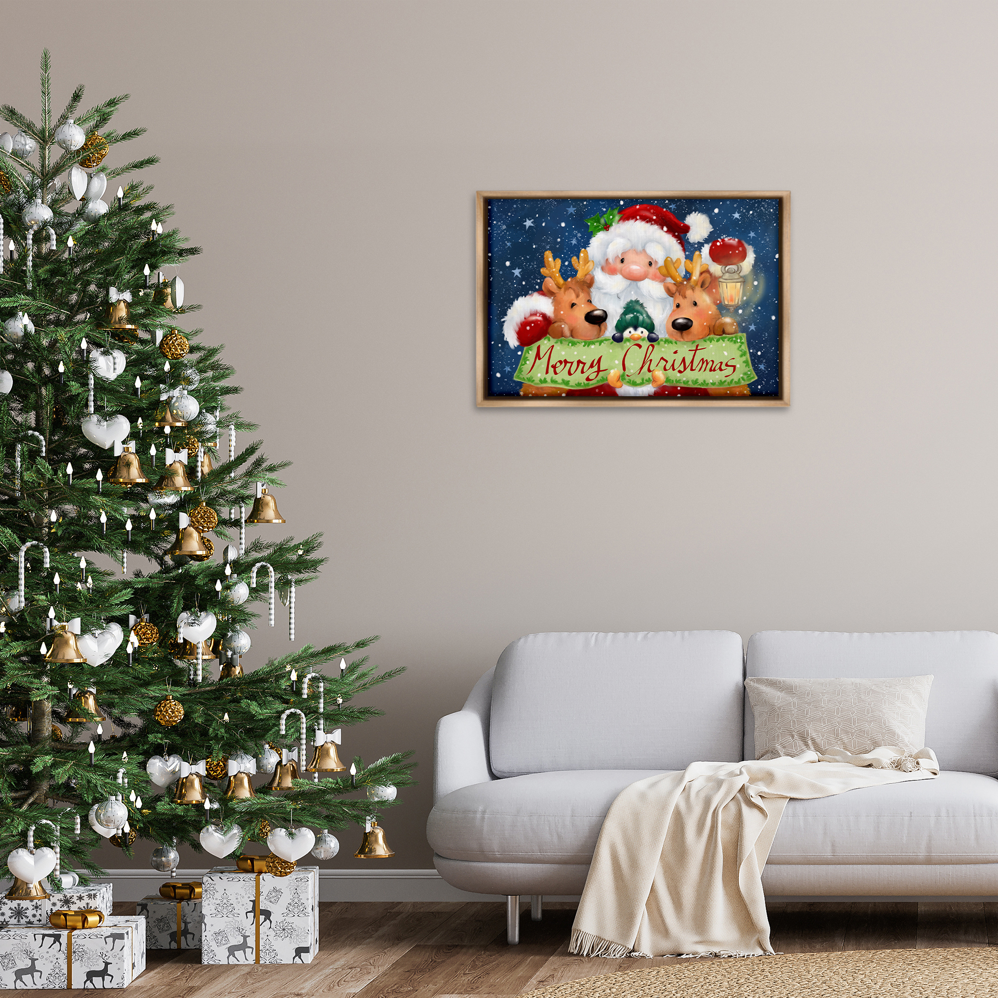 Stupell Industries Santa with Lantern Christmas Holiday Painting Brown Floater Framed Canvas Art Prints Wall Art, 31 x 21